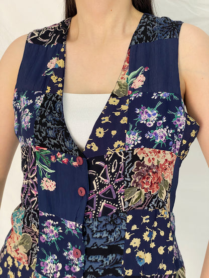 Vintage 90s Amanda Smith Navy Floral Patchwork Rayon Vest – L