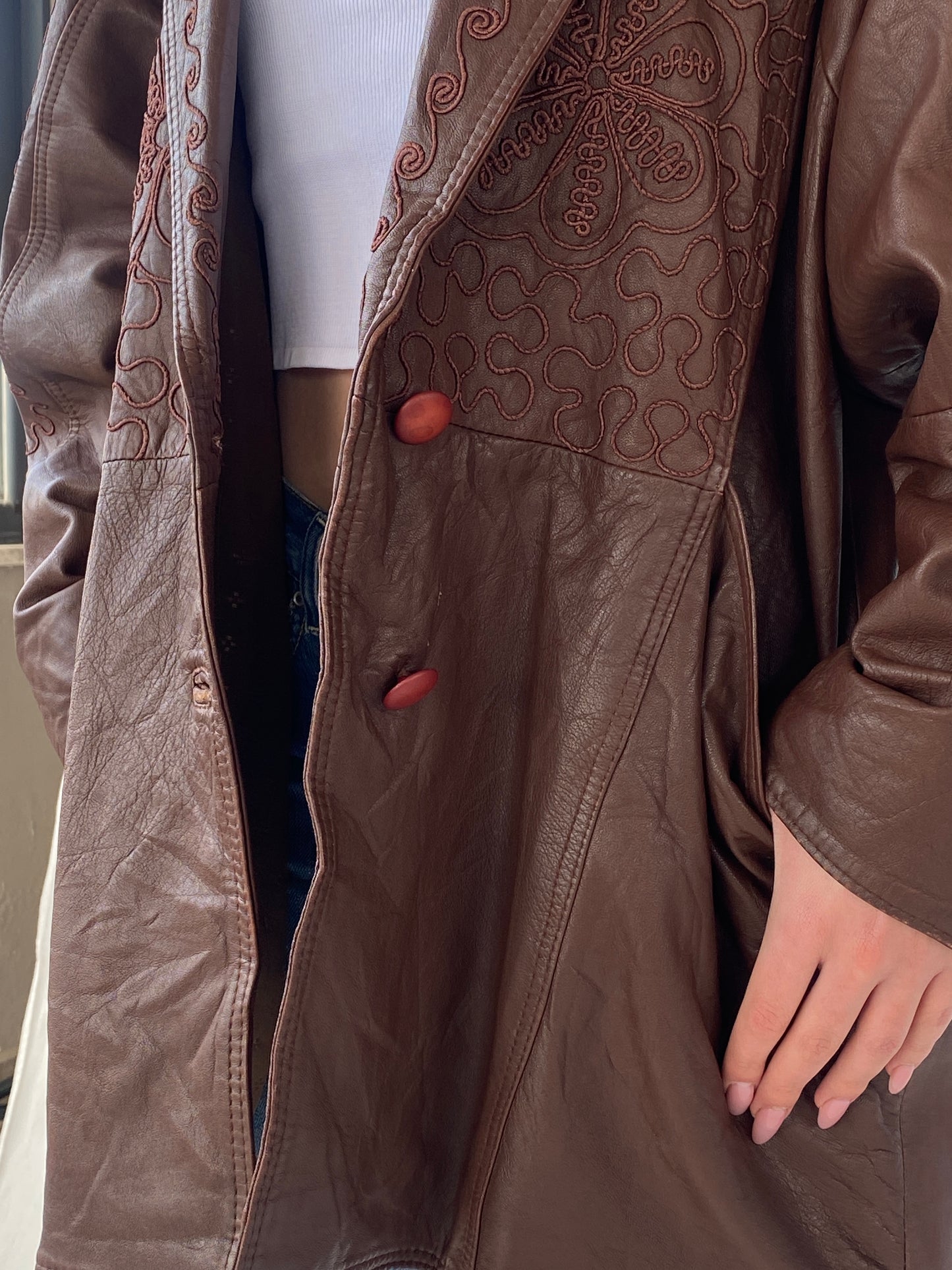 Coolest 80s Vintage Women’s Brown Floral Embroidered Genuine Leather Coat - L