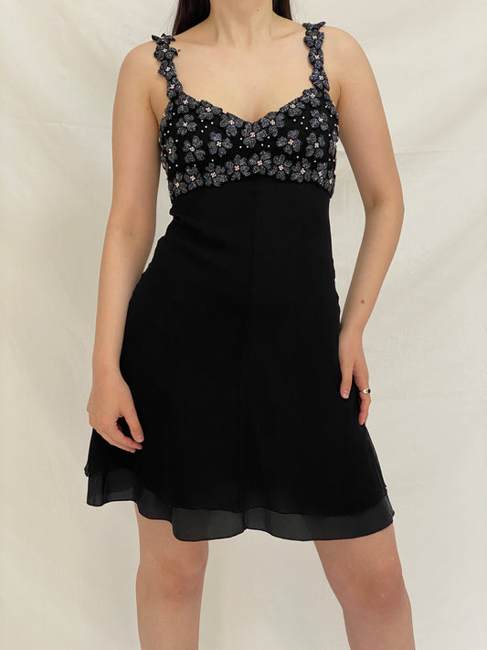 Vintage 90s A.J. Bari Black Silk Beaded Floral Bodice Mini Dress - S