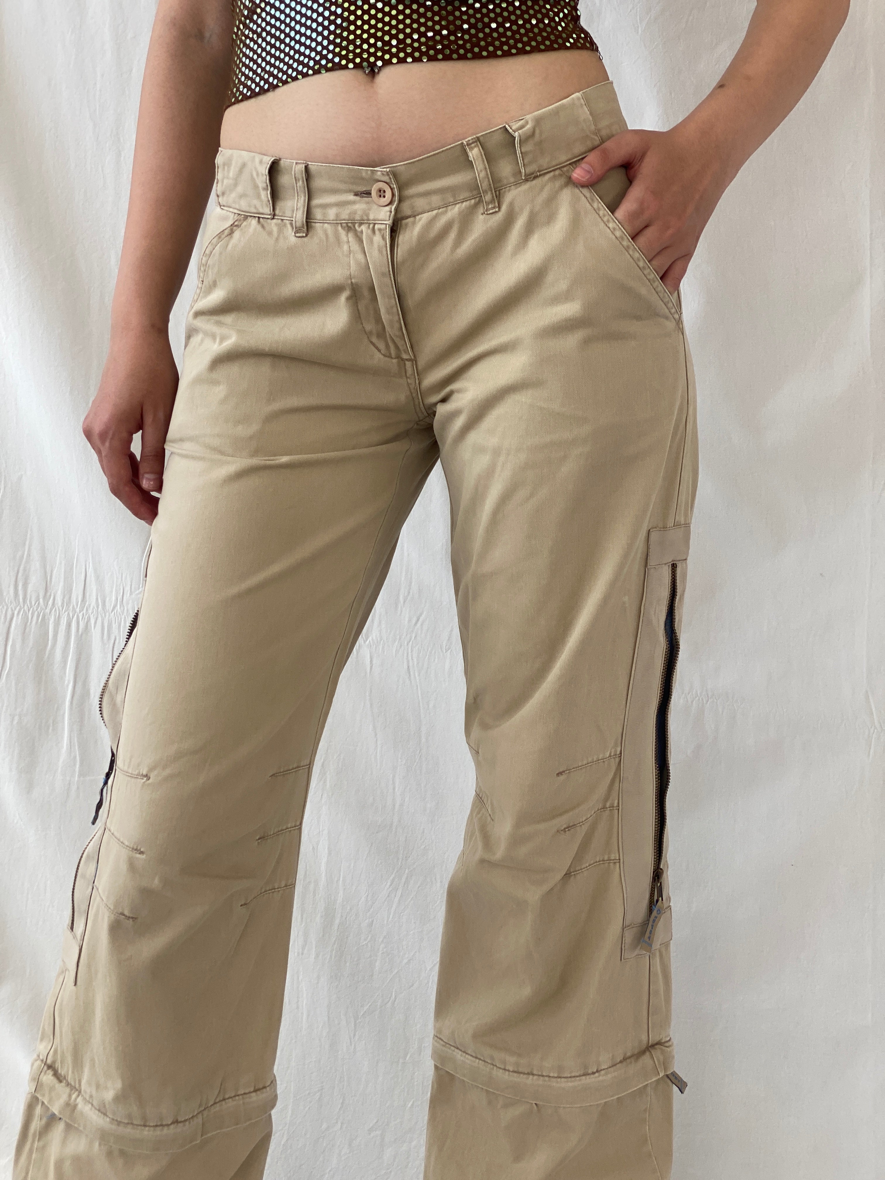 بنطلون كارجو Y2K IDPDT بيج منخفض الخصر وواسع الساق وطول قابل للتعديل - M