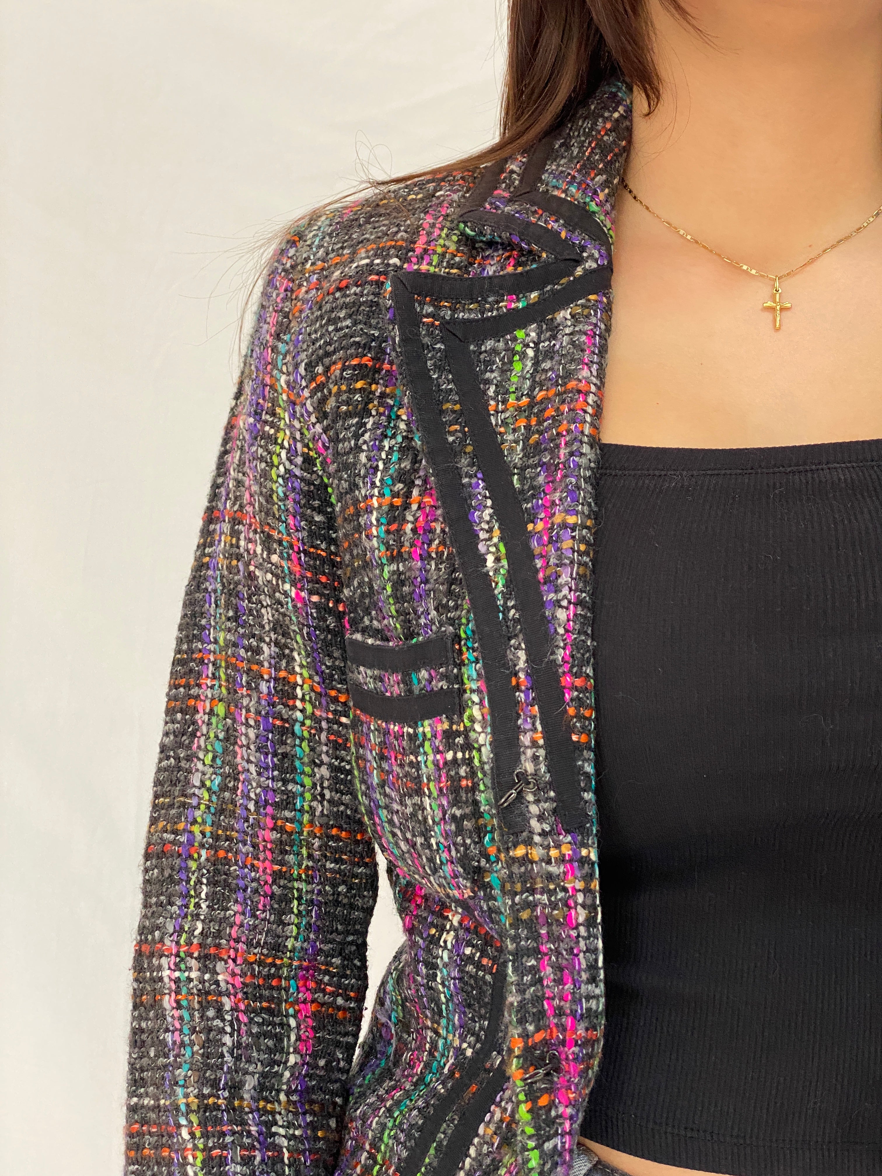 Vintage Knitted Multicolor Cropped Tweed Blazer With Black Trim - M