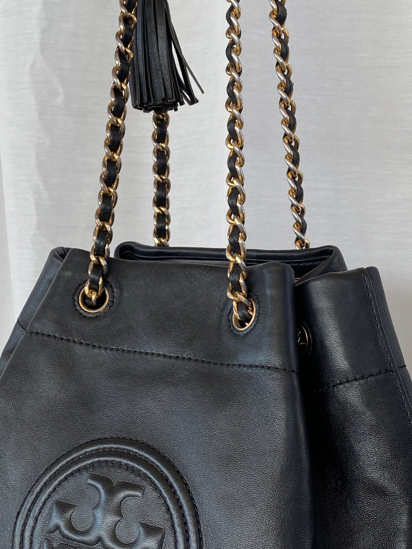 Tory Burch Black Leather Fleming Mini Bucket Chain Shoulder Bag