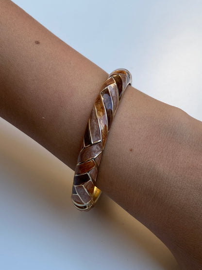 Vintage Gold Tone Marbled Enamel Hinged Bangle Mosaic Cuff Bracelet