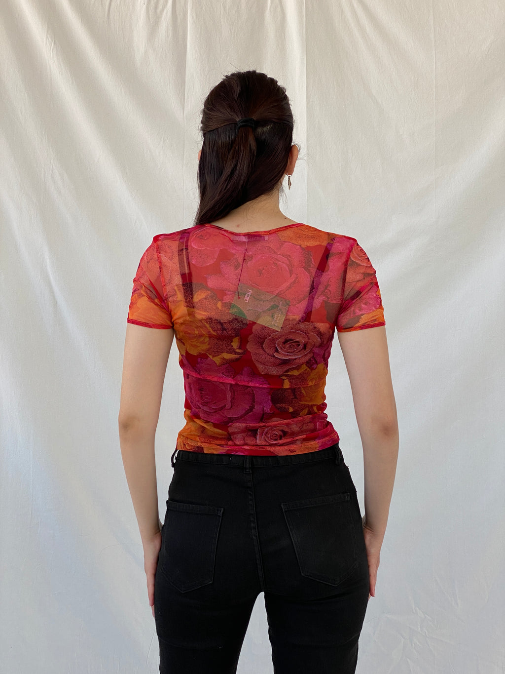 Vintage 90s Teddy Smith Orange Pink Floral Short Sleeve Mesh Top - M