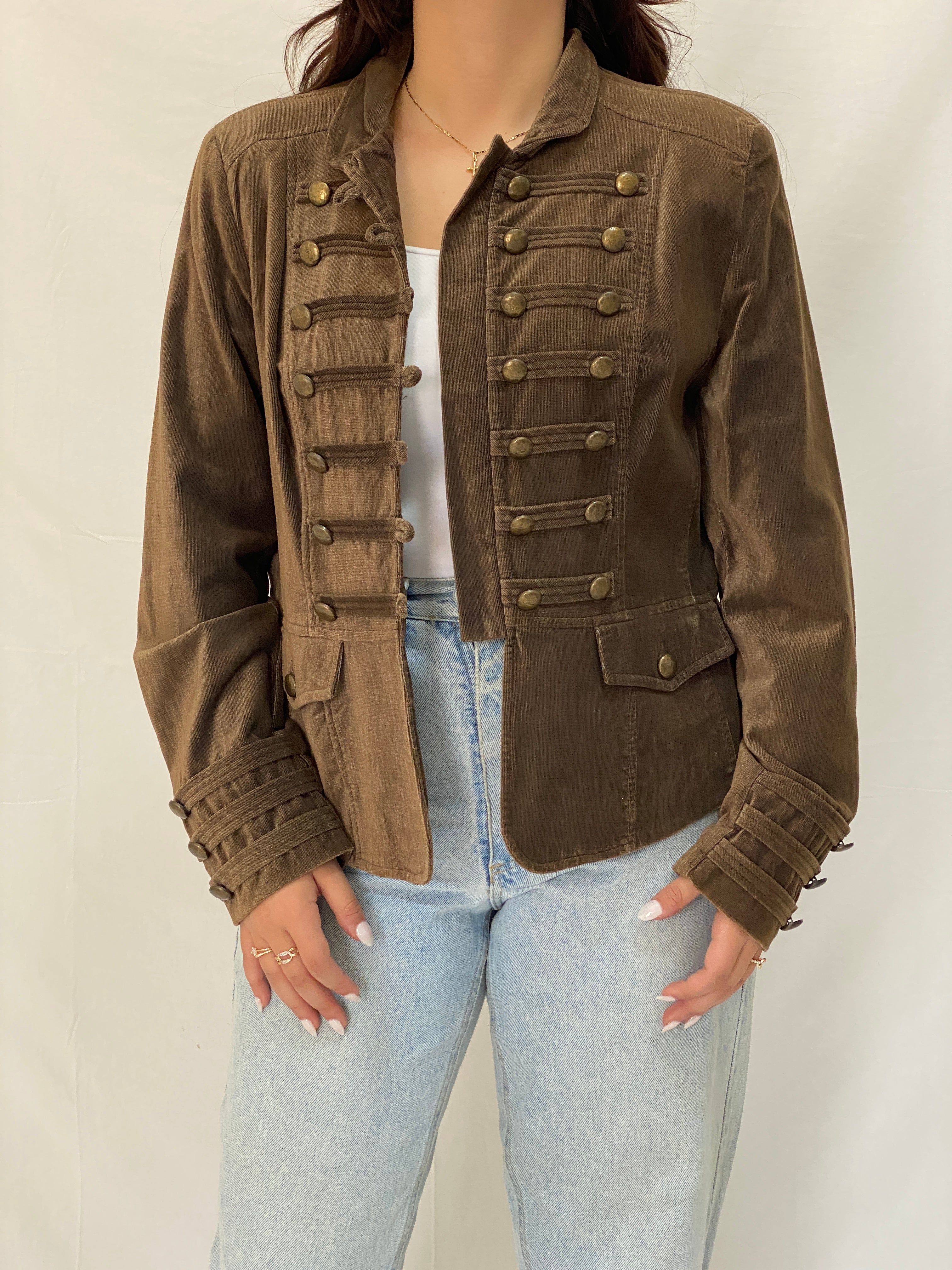 Vintage Véchy Brown Corduroy Military Blazer for Women Structured Button-Up Jacket - XL