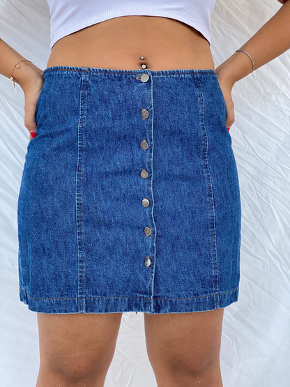 90s Vintage Blue Button Up Denim Skirt - L