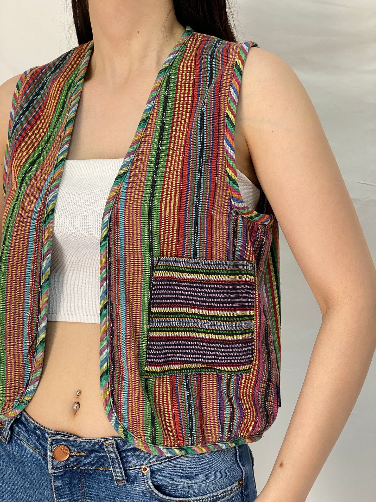 Vintage Esprit 100% Cotton Guatemalan Striped Vest Rainbow Boho Hippie Festival Open Front Waistcoat – M