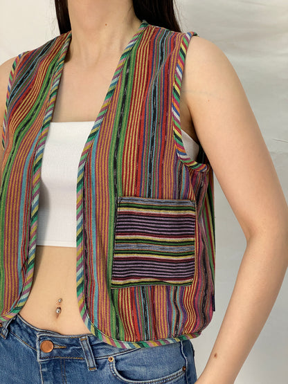 Vintage Esprit 100% Cotton Guatemalan Striped Vest Rainbow Boho Hippie Festival Open Front Waistcoat – M