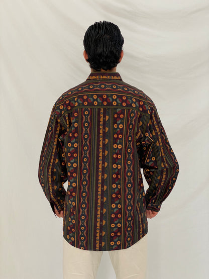Vintage 90s Mekay Geometric Tribal Stripe Button Up Shirt Abstract Long Sleeve Oversized Fit - L