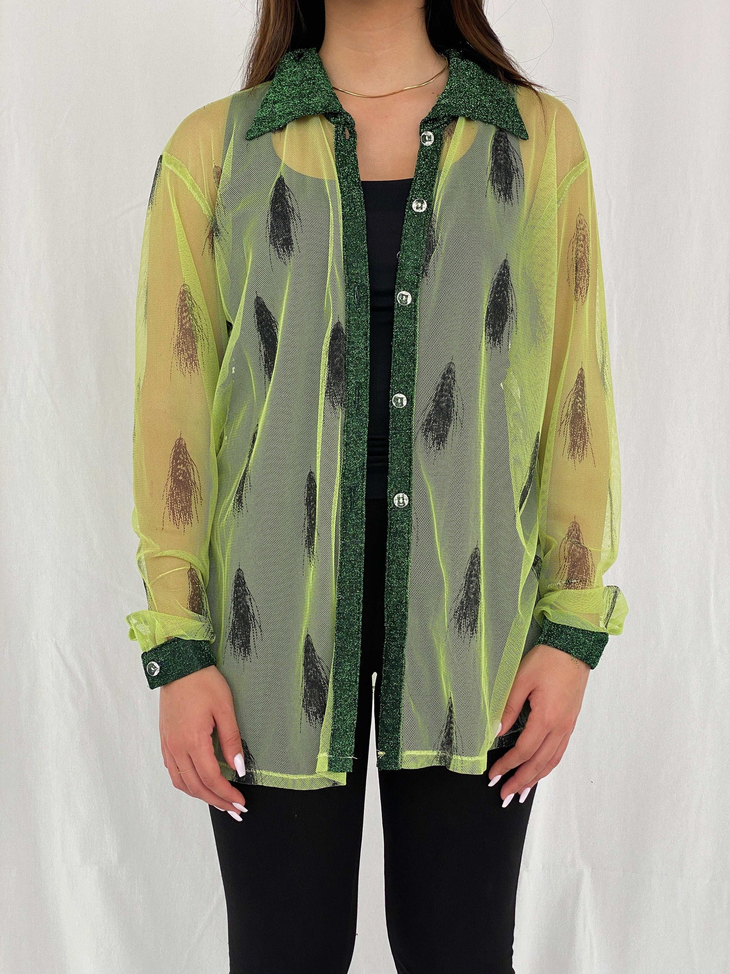 Vintage 90s Mon Lisai Green Mesh Shirt - Size L/XL - Balagan Vintage Full Sleeve Shirt 00s, mesh, NEW IN, Rama, women shirt