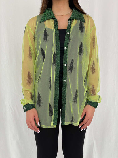 Vintage 90s Mon Lisai Green Mesh Shirt - Size L/XL - Balagan Vintage Full Sleeve Shirt 00s, mesh, NEW IN, Rama, women shirt