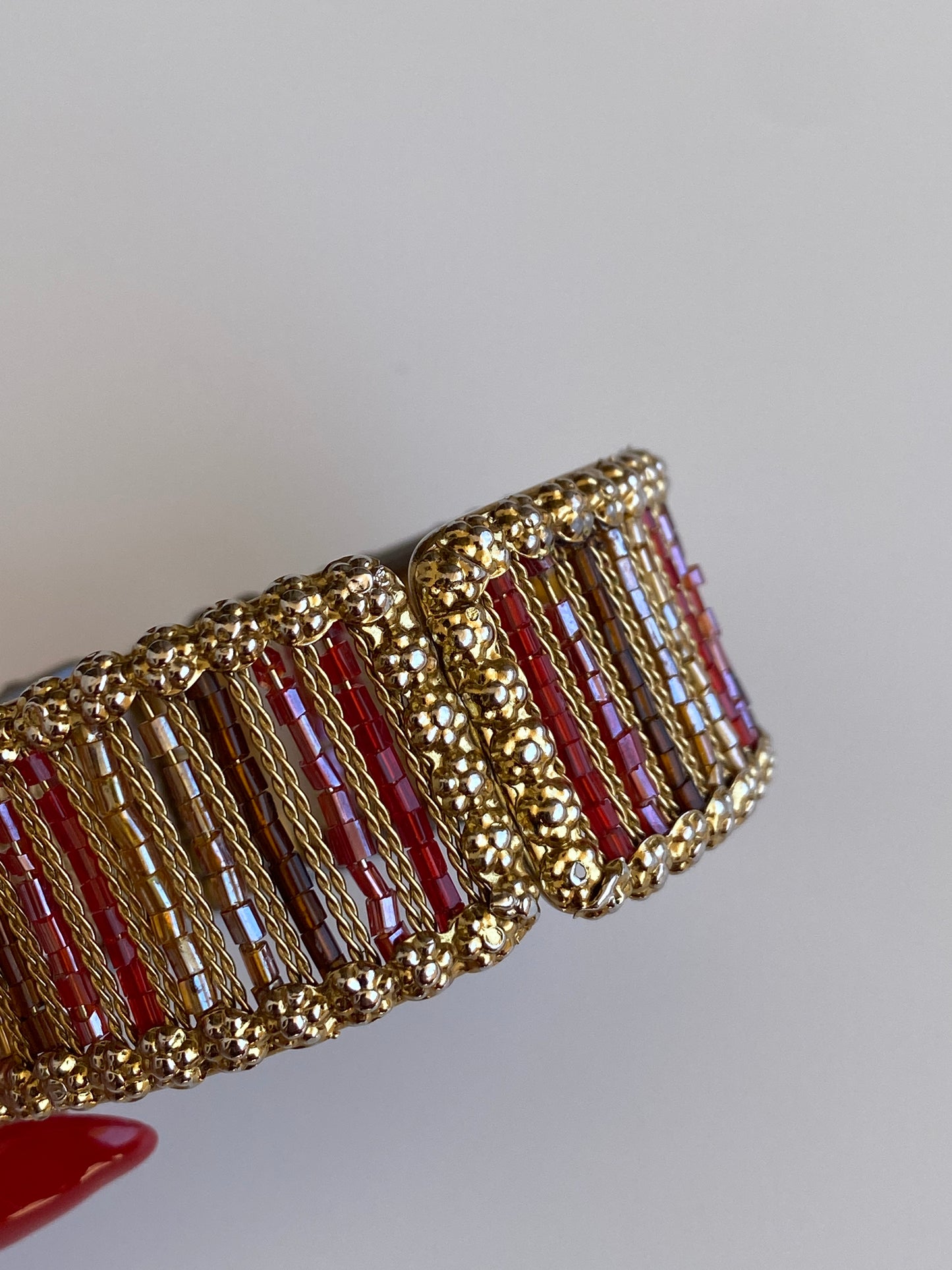 Vintage Gold-Tone Red & Amber Beaded Hinged Cuff Bracelet