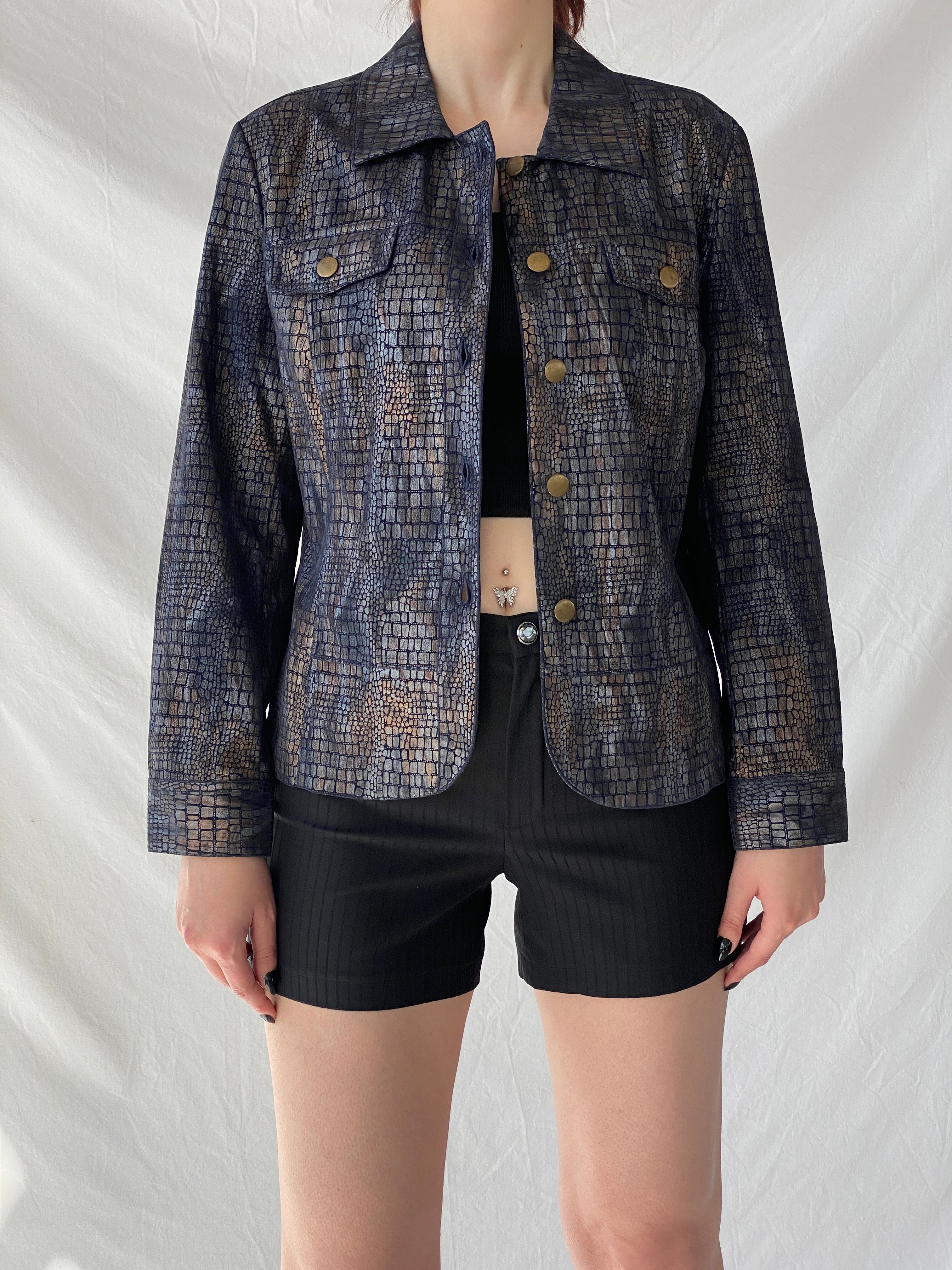 Vintage Bamboo Traders Petite Metallic Denim Snake Print Women’s Buttoned Blazer Jacket - L