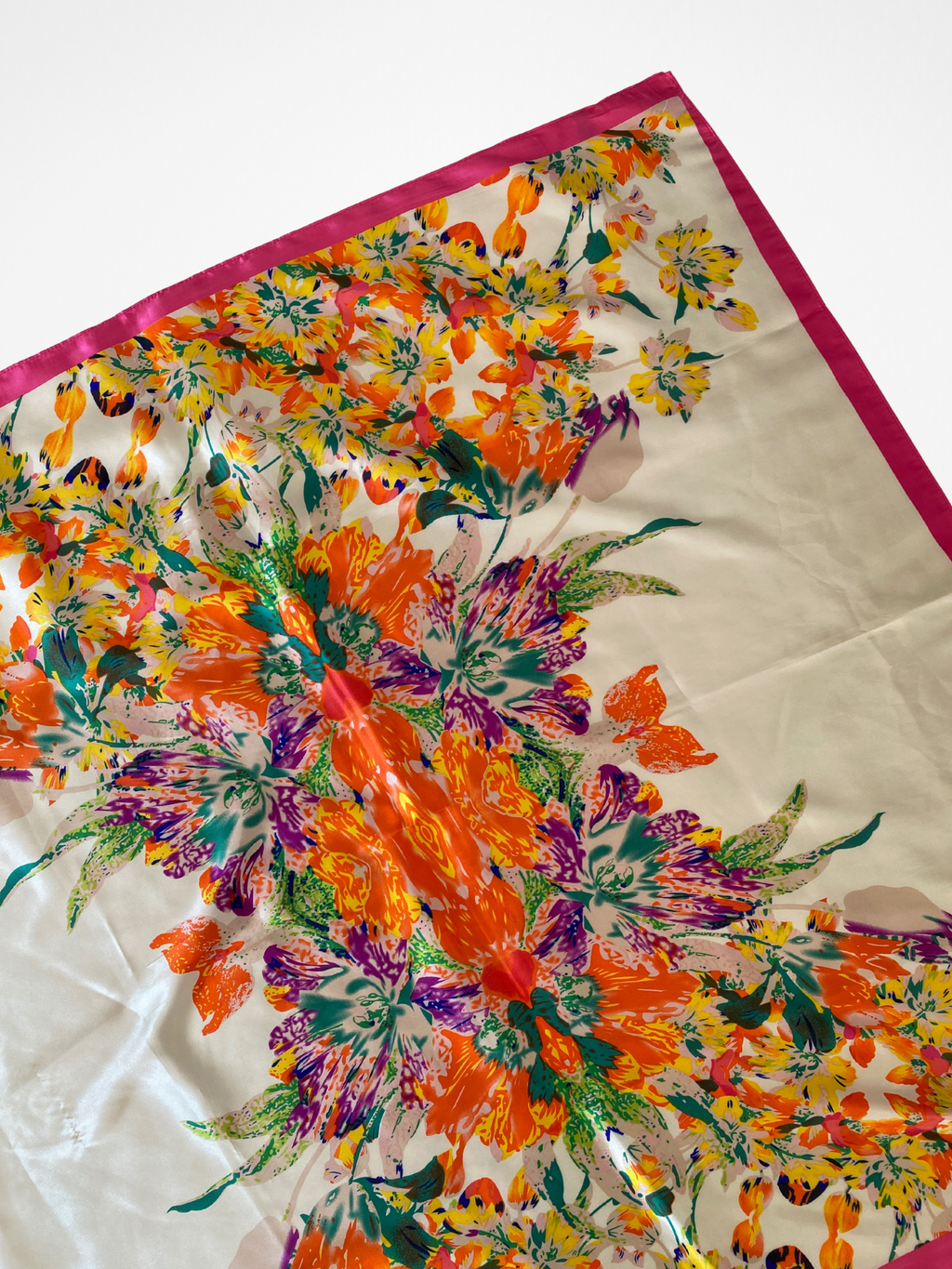 Vintage Tropical Bloom Orange Yellow Floral Satin Silk Square Scarf