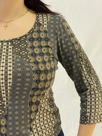 Vintage Aquarelle Patchwork Print 3/4 Sleeve Stretch Top - Neutral Brown & Olive - M