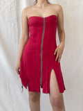 Vintage French Archival Femmes Je Vous Red Zip Up Bodycon Mini Linen Dress - S