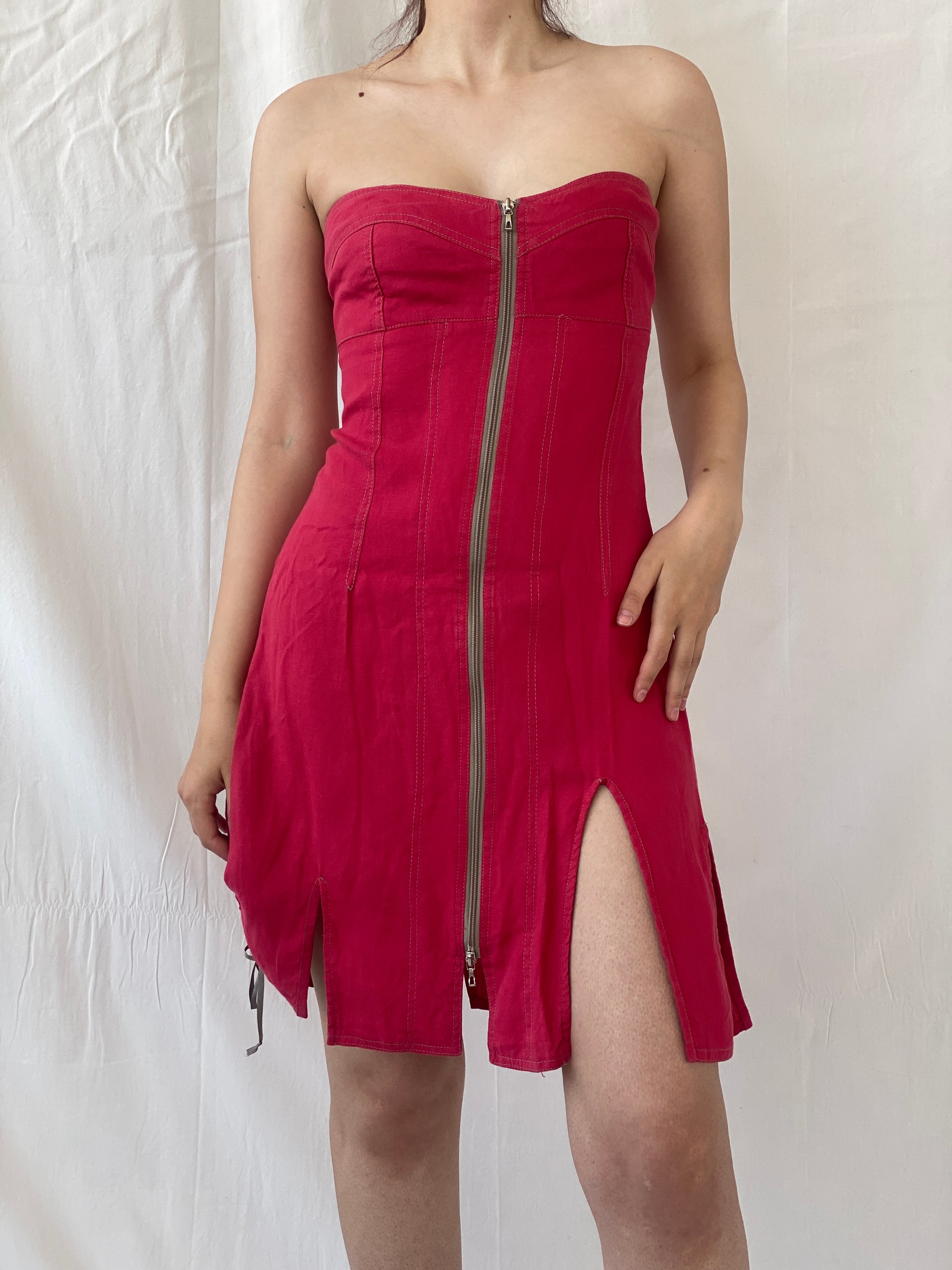 Vintage French Archival Femmes Je Vous Red Zip Up Bodycon Mini Linen Dress - S