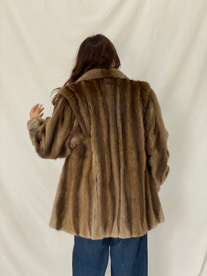 Vintage Natural Brown Mink Fur Coat Classic Mid-Length Luxury Winter Jacket - L