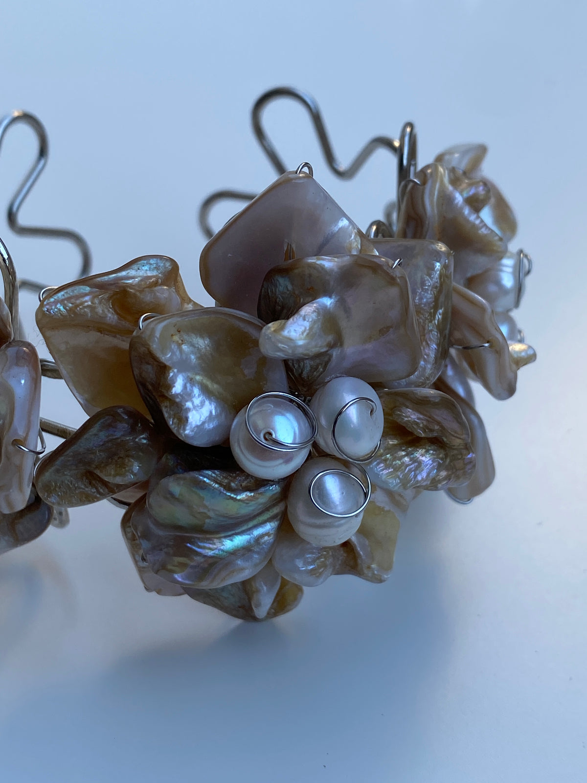 Vintage Mother of Pearl Cluster Cuff Handmade Artisan Shell Bracelet Vintage Mother of Pearl Cluster Cuff Handmade Artisan Shell Bracelet