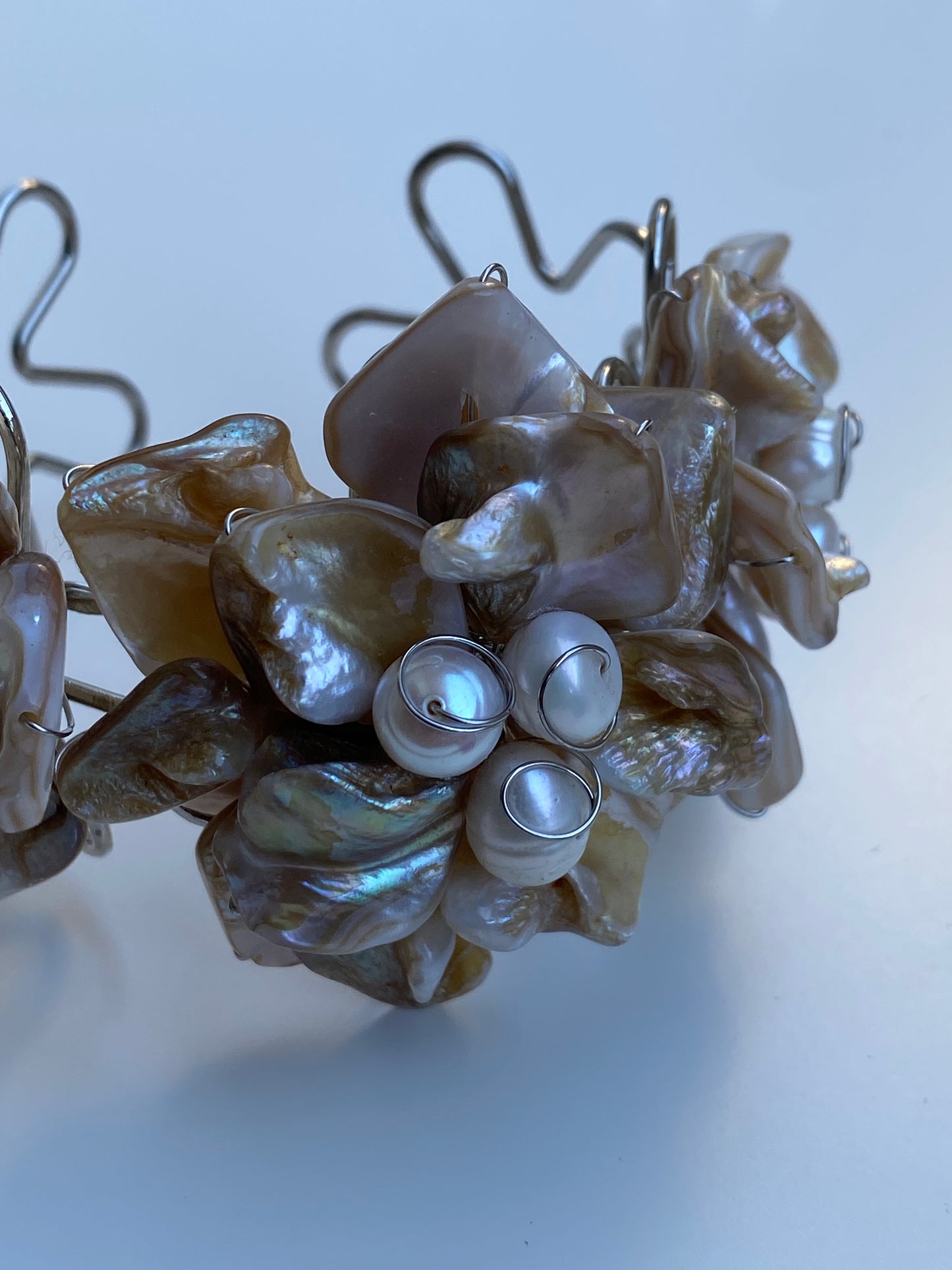 Vintage Mother of Pearl Cluster Cuff Handmade Artisan Shell Bracelet