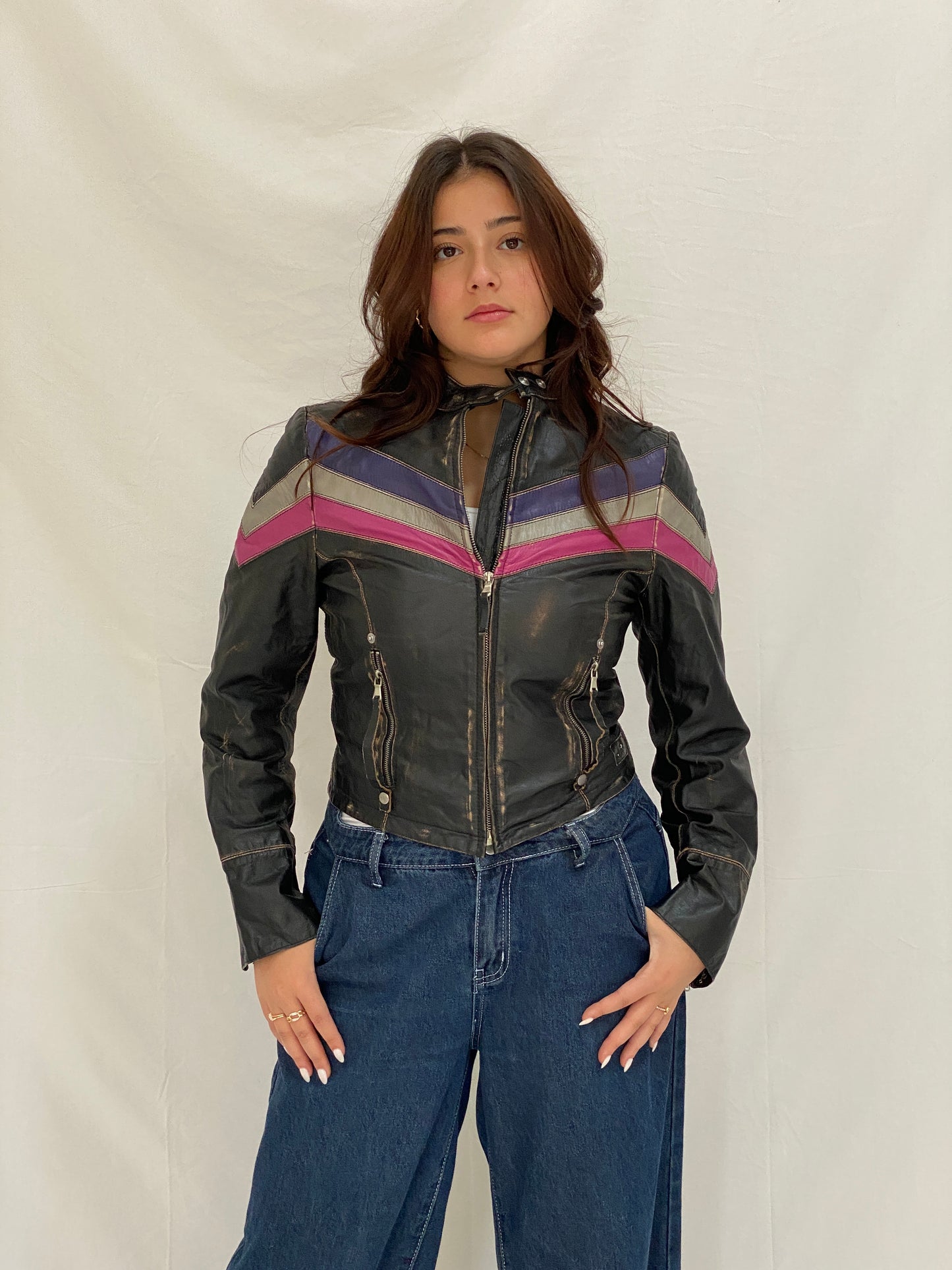 Vintage Miss Sixty Distressed Genuine Leather Moto Jacket Y2K Chevron Colorblock Biker - M