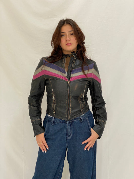 Vintage Miss Sixty Distressed Genuine Leather Moto Jacket Y2K Chevron Colorblock Biker - M