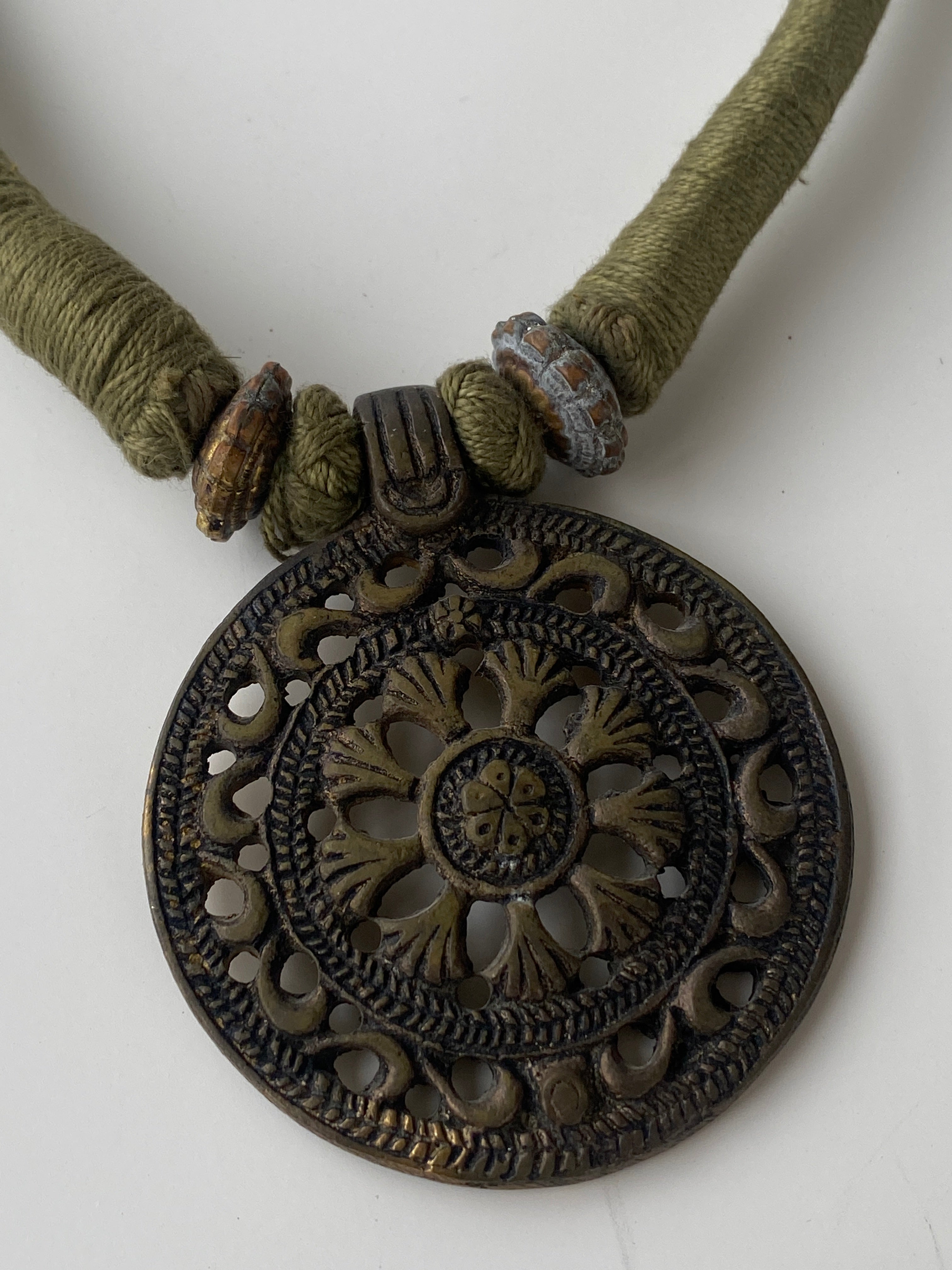 Vintage Brass Shield Pendant Ethnic Chocker Tribal Woven Chocker 1962