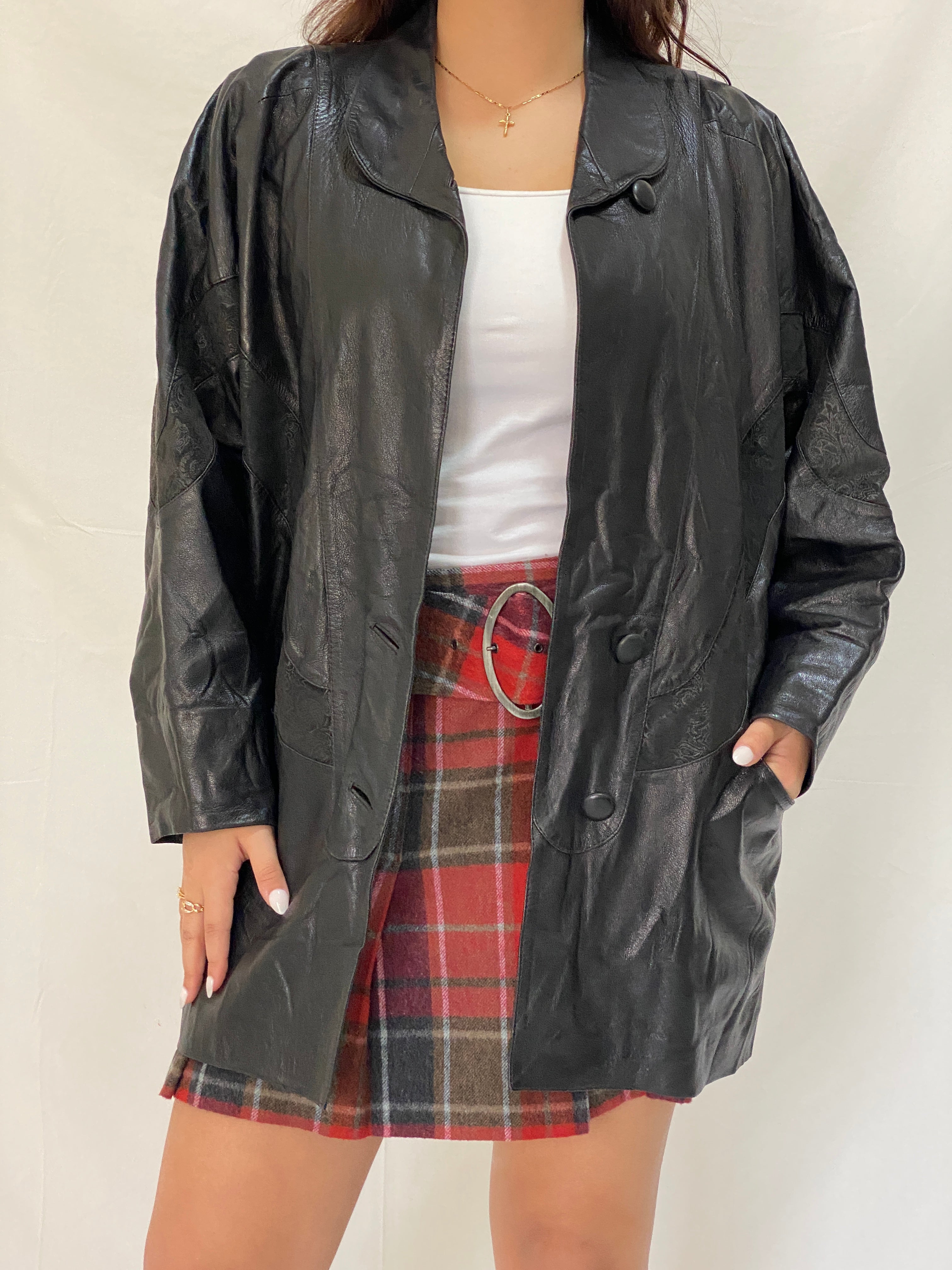 Vintage 80s Black Genuine Leather Longline Coat with Embossed Panels Oversized Fit - L