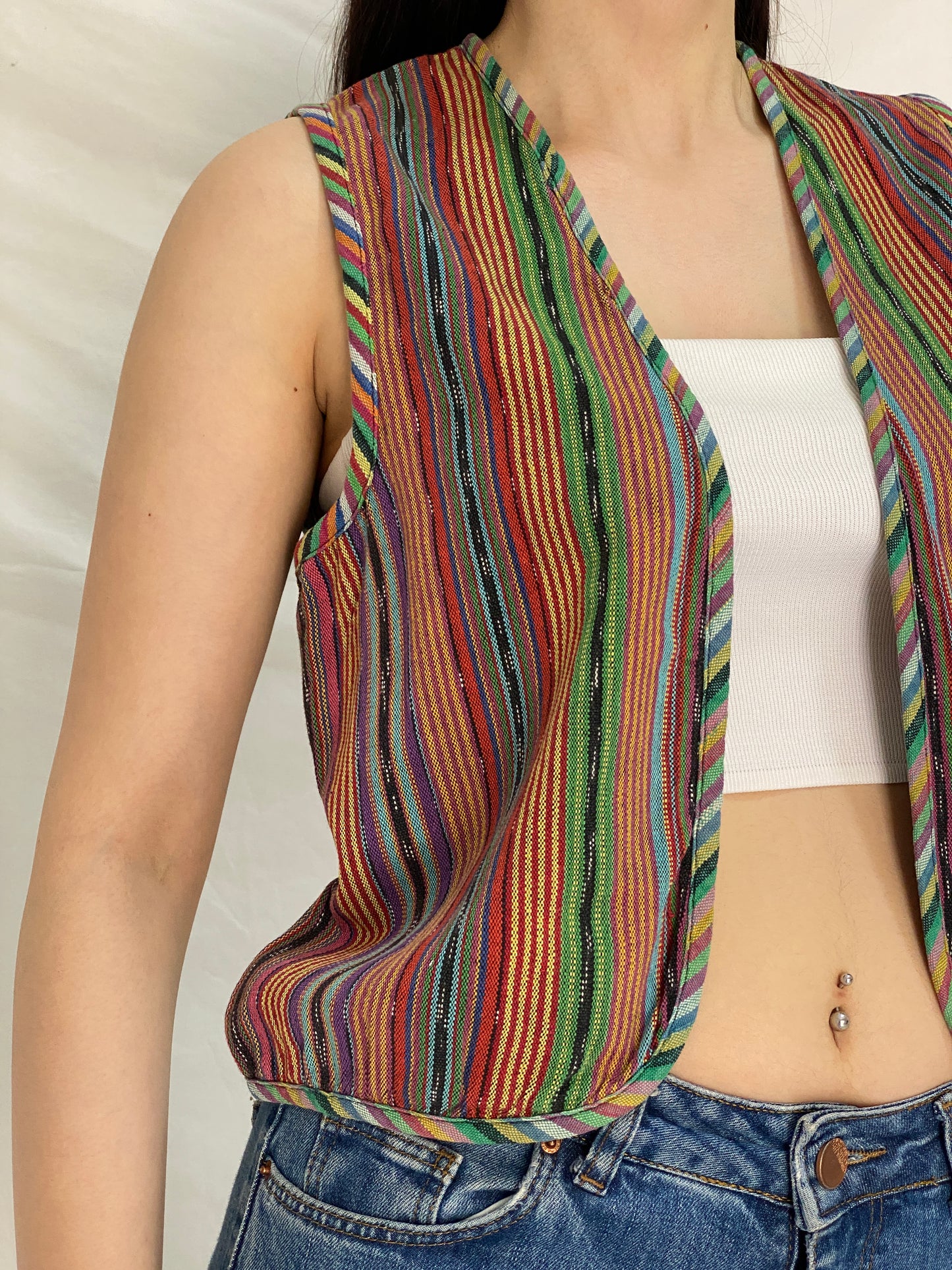 Vintage Esprit 100% Cotton Guatemalan Striped Vest Rainbow Boho Hippie Festival Open Front Waistcoat – M