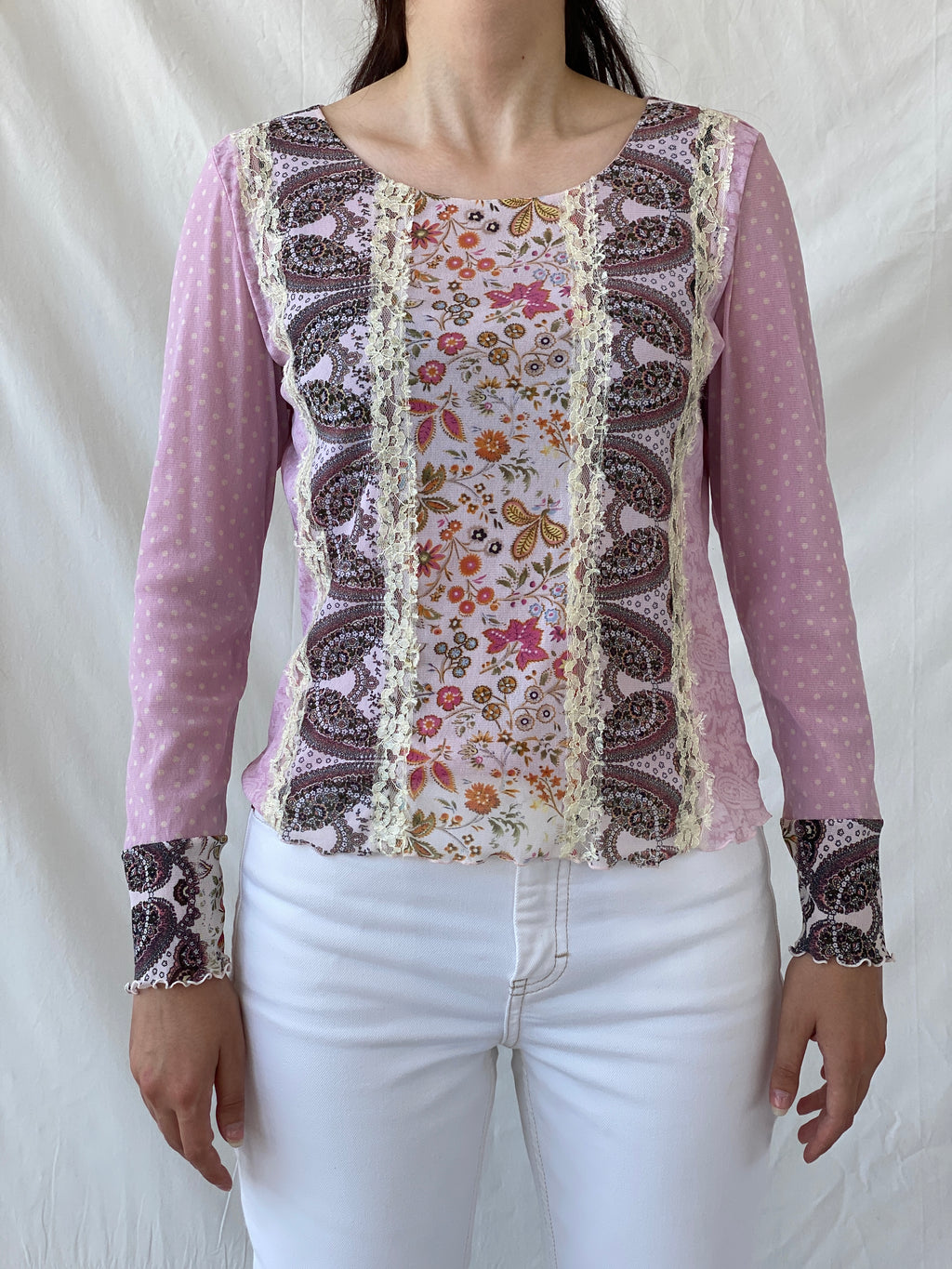 Vintage Taifun Collection Polka Dot Pink Lace Floral Detailing Long Sleeve Girly Coquette Mesh Top - L