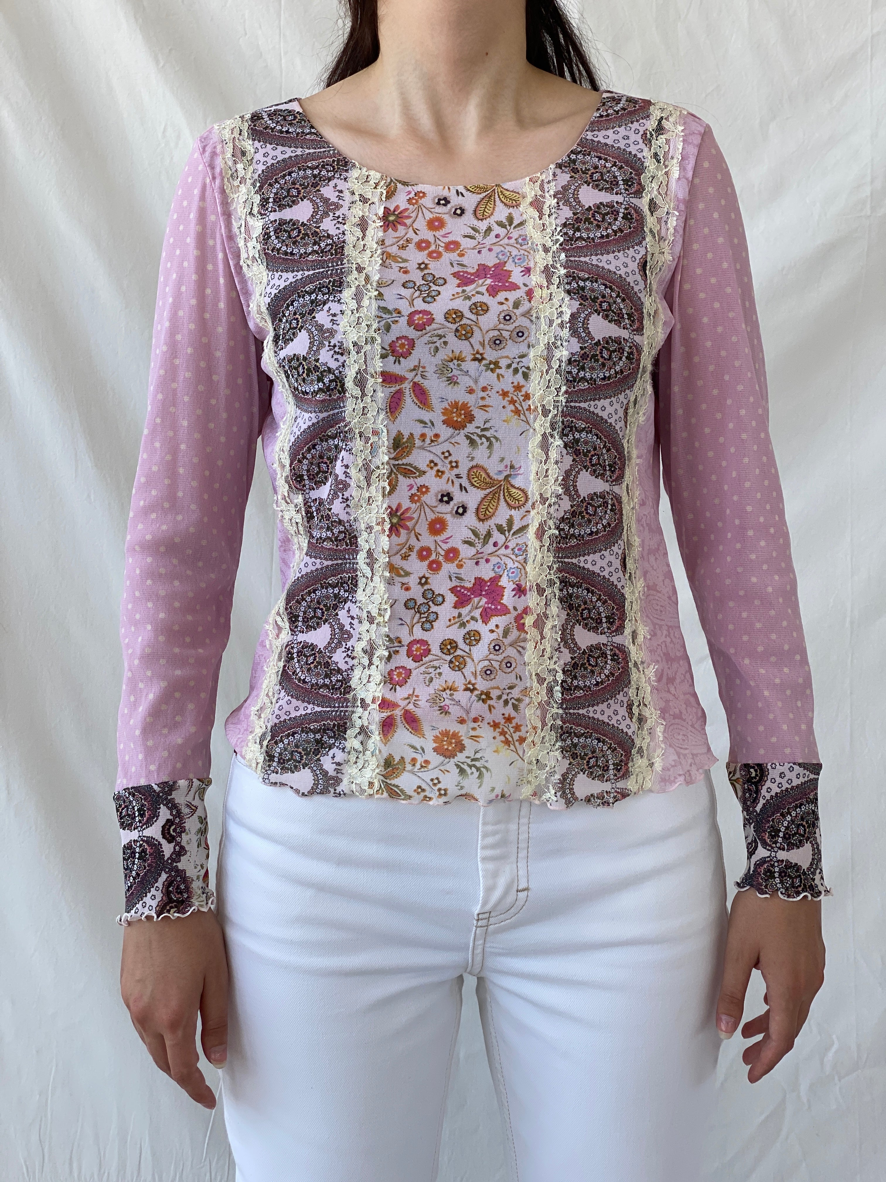 Vintage Taifun Collection Polka Dot Pink Lace Floral Detailing Long Sleeve Girly Coquette Mesh Top - L