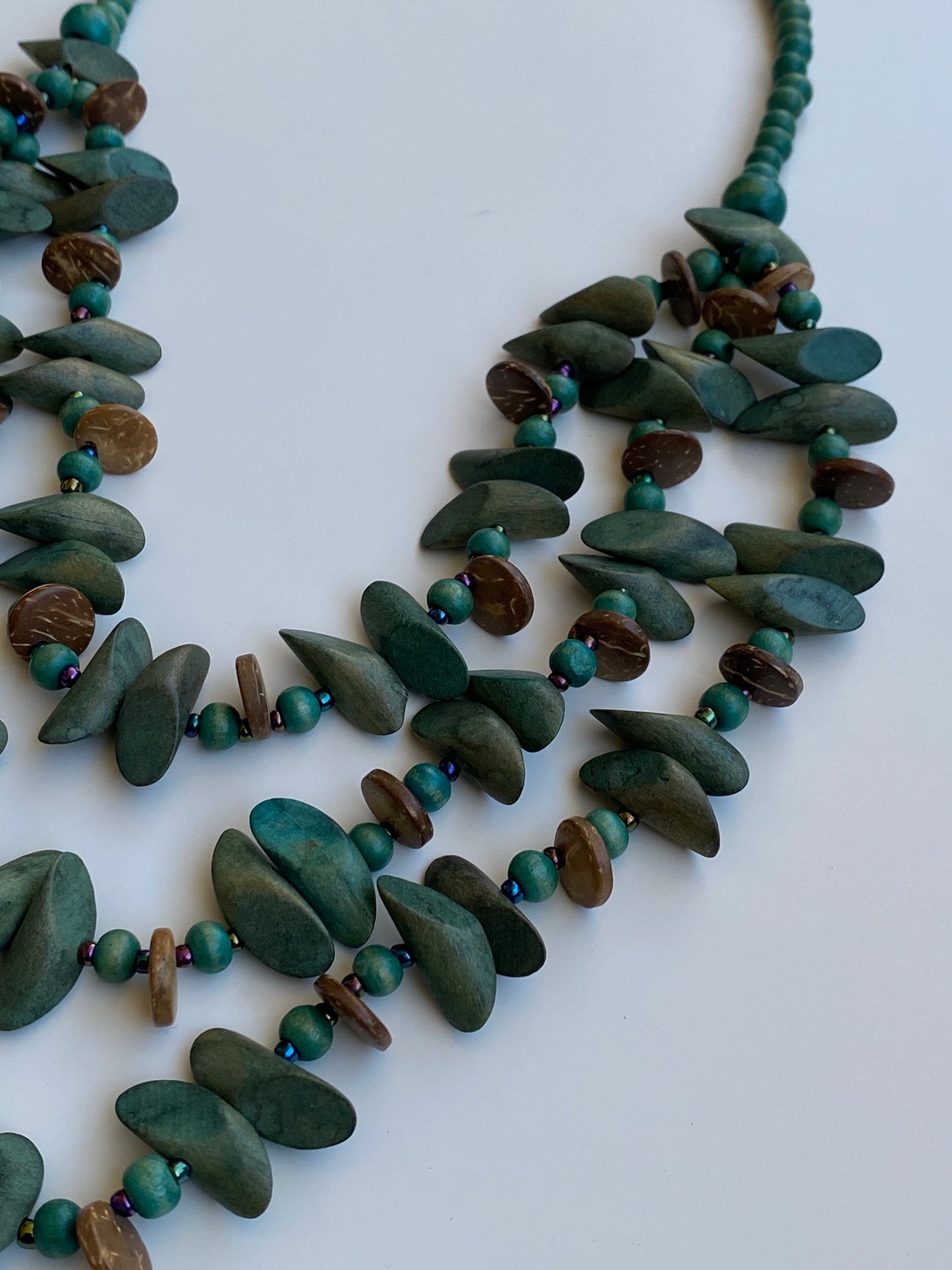 Vintage Boho Green Multi-Strand Wood Beaded Necklace