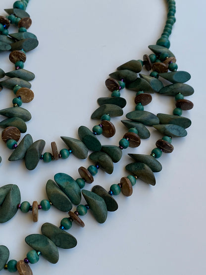 Vintage Boho Green Multi-Strand Wood Beaded Necklace