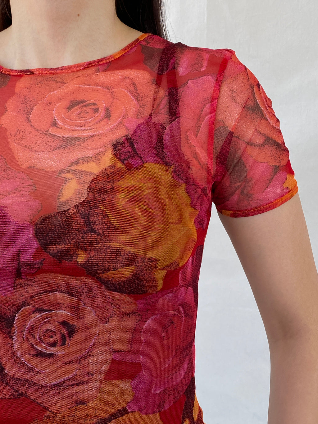 Vintage 90s Teddy Smith Orange Pink Floral Short Sleeve Mesh Top - M