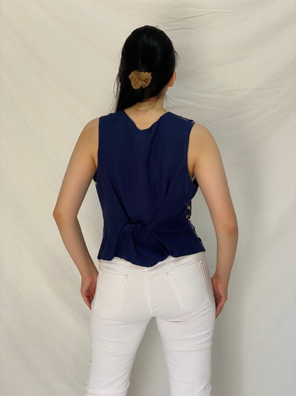 Vintage 90s Amanda Smith Navy Floral Patchwork Rayon Vest – L