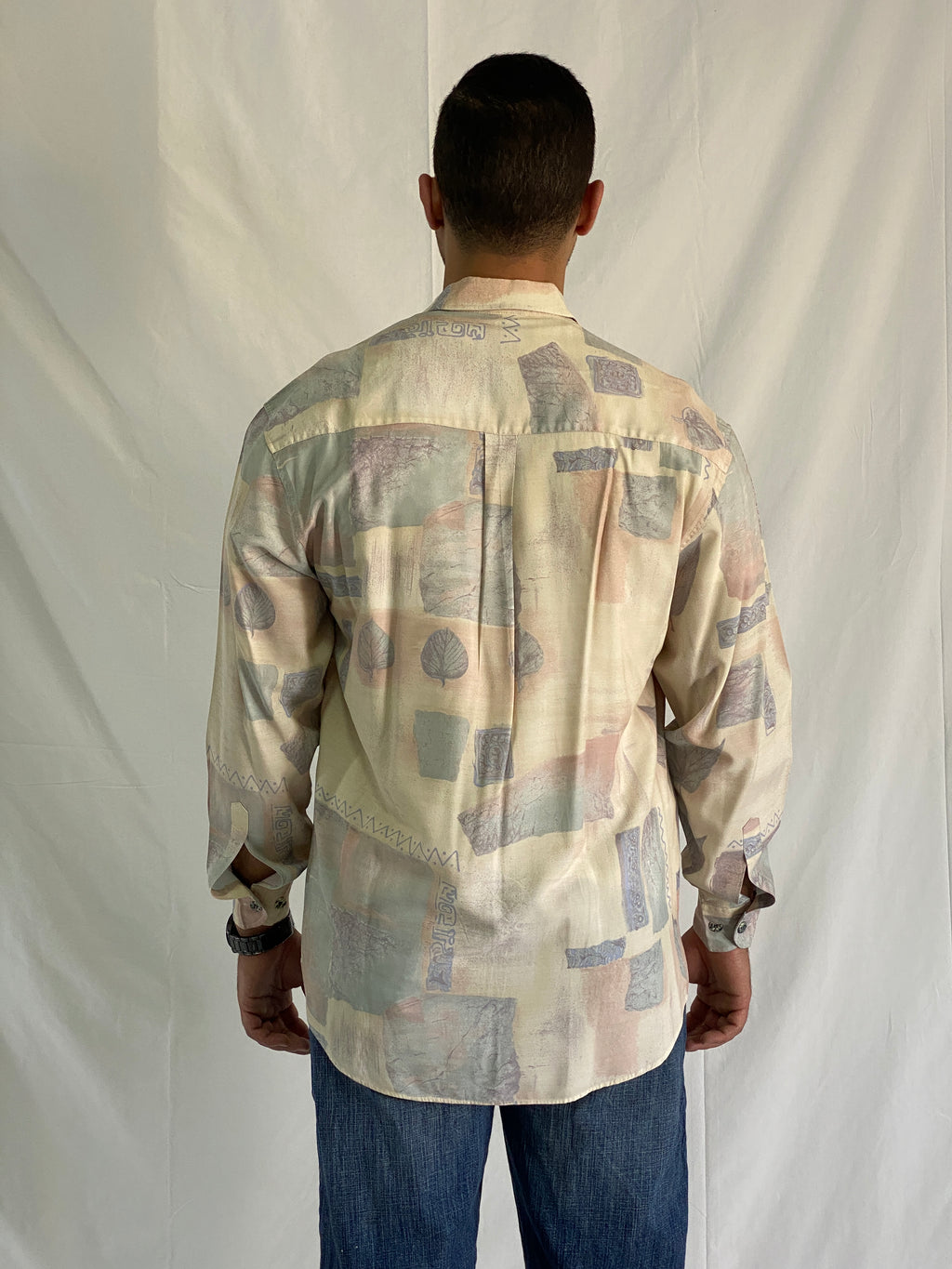 Vintage 90s Club D’Amingo Beige Abstract Leaf Print Men’s Long Sleeve Shirt - L