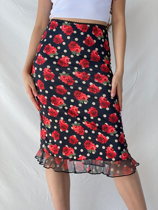 Vintage 90s Elite Club Floral Polka Dots Midi Fitted Skirt - M