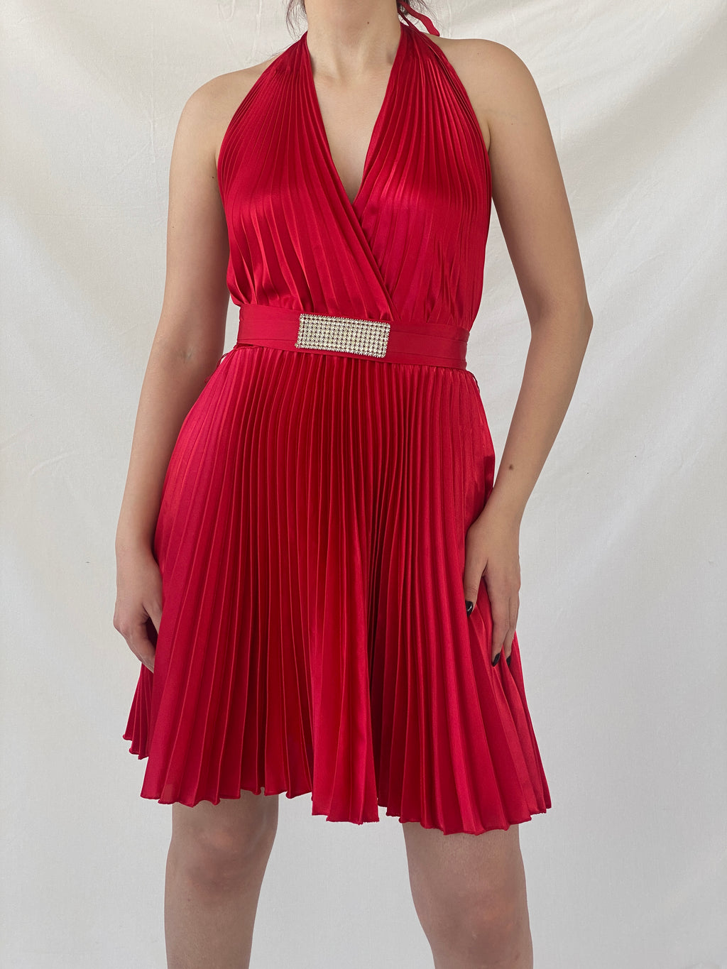 فستان جوزيف ريبكوف أحمر مطوي بياقة دائرية - مقاس صغير Y2K