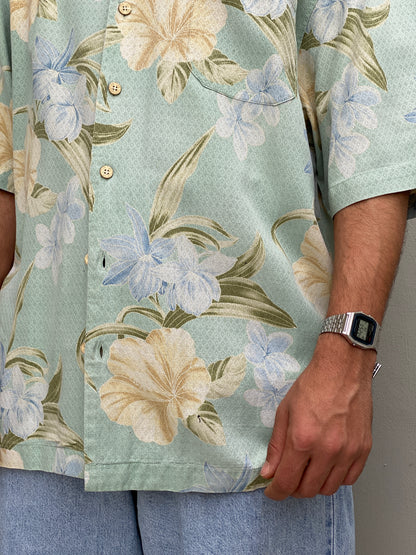 Vintage 90s Jamaica Jaxx Silk Hawaiian Shirt Mint Green Floral Tropical Resort Button Up - L