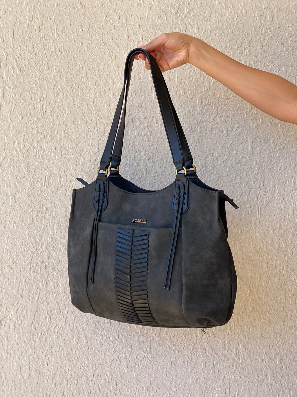 Rosetti Stella Dark Gray Distressed Leather Purse Large Tassel Hobo Shoulder Bag