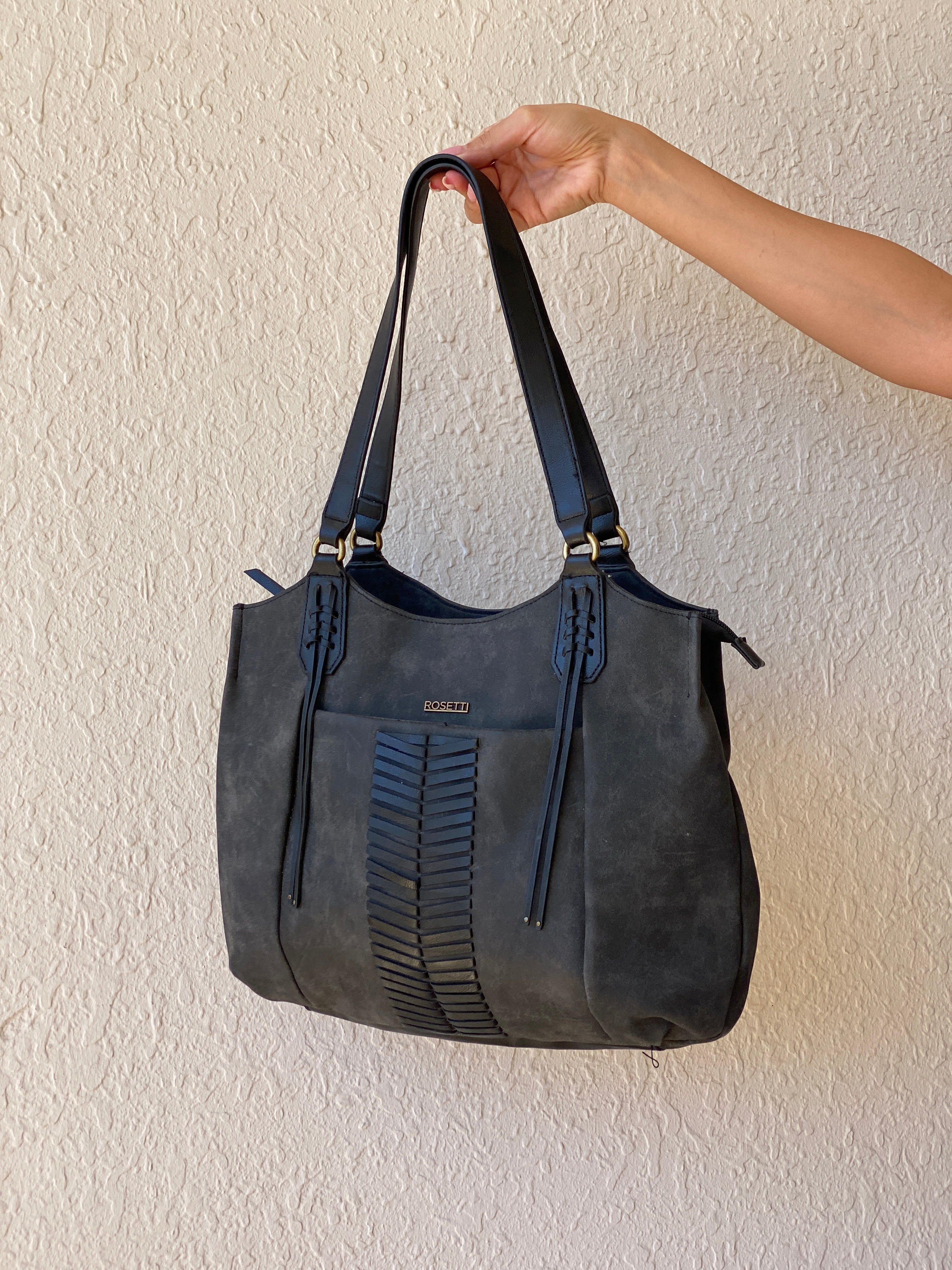 Rosetti Stella Dark Gray Distressed Leather Purse Large Tassel Hobo Shoulder Bag