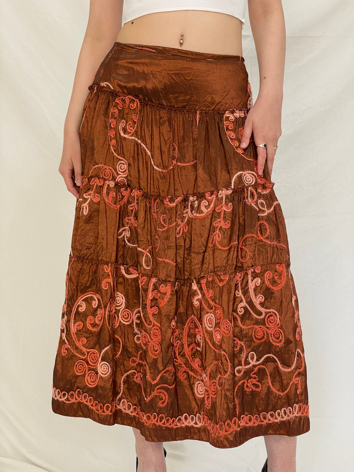 Vintage Over 16 Embroidered Metallic Brown Wrap Halter Top & Tiered Midi Skirt Co-ord Set - M Vintage Over 16 Embroidered Metallic Brown Wrap Halter Top & Tiered Midi Skirt Co-ord Set - M