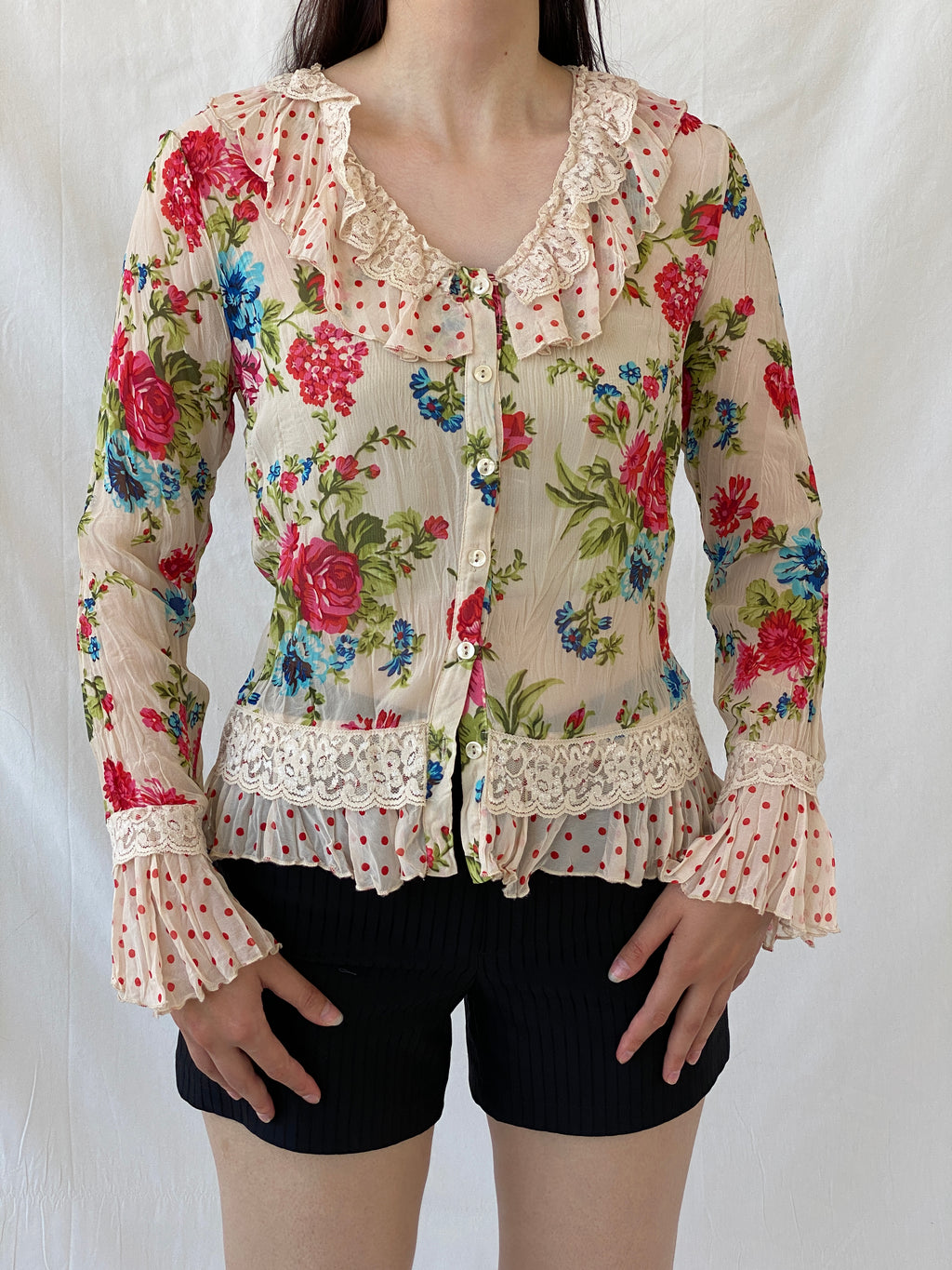 Vintage Jacqueline Riu Floral Ruffle Button-Up Blouse Cottagecore Romantic Lace Cardigan Top- S