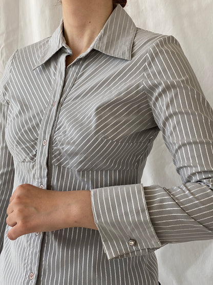Y2K Vero Moda Gray Full Sleeve  Striped Office Core Shirt - S