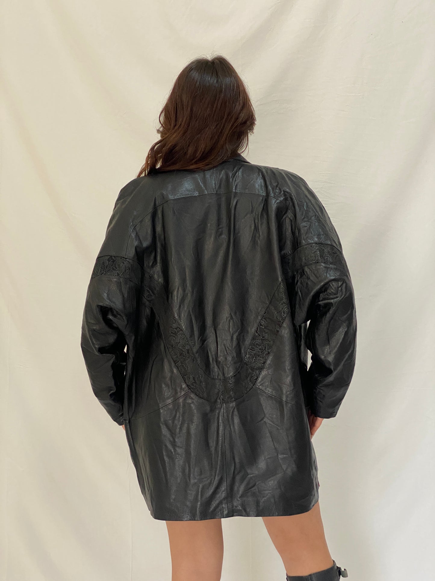 Vintage 80s Black Genuine Leather Longline Coat with Embossed Panels Oversized Fit - L