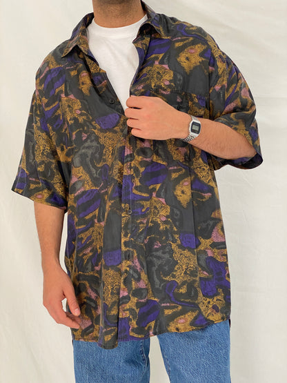 Vintage 90s Silks Stone Original Abstract Print Silk Black Purple Shirt – XL
