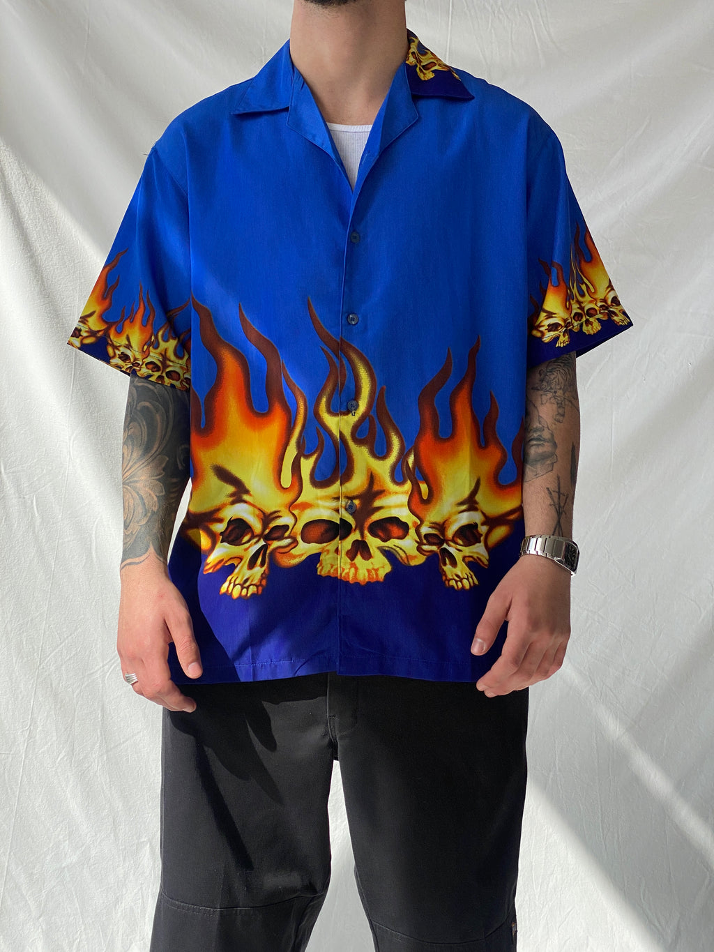 Men’s Flamed Skull Blue Short Sleeve Button Up Shirt - L