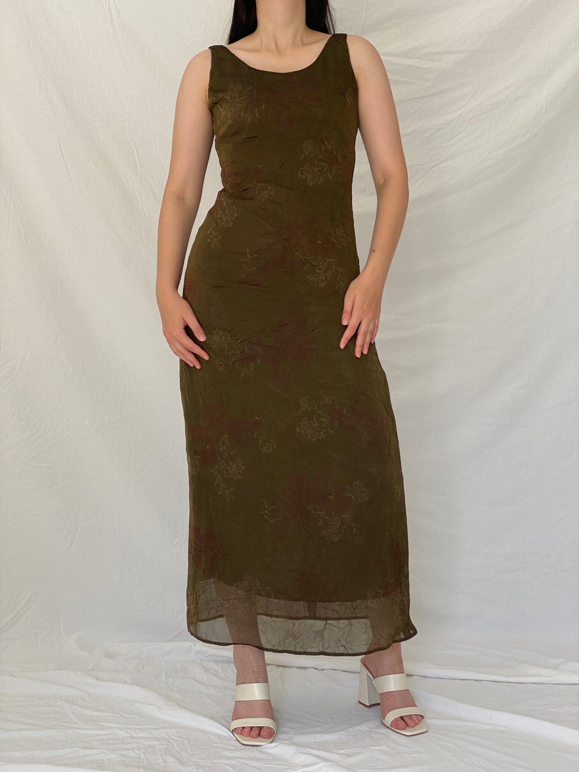 Vintage Y2K Jones Wear Olive Floral Crinkle Maxi Dress - S Vintage Y2K Jones Wear Olive Floral Crinkle Maxi Dress - S