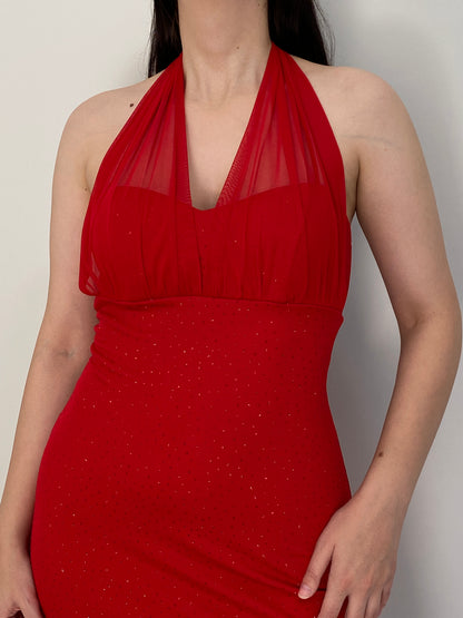 Vintage Y2K Betsy & Adam Red Rhinestone Halter Midi Dress - M