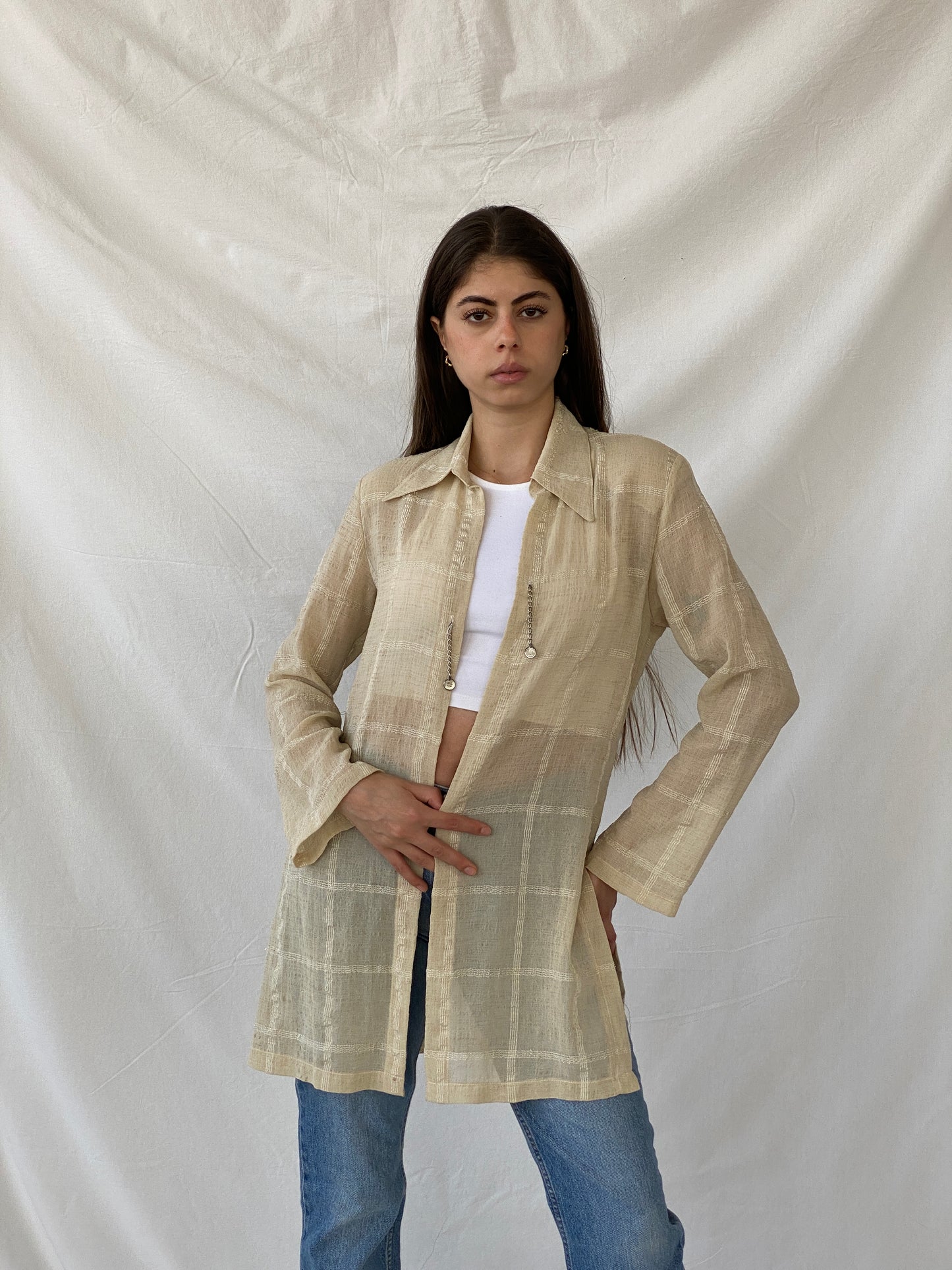 Y2K Selent Sheer Checkered Beige Cardigan - M